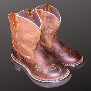 Justin Boots Brown Kids Western Pull-On Boots with Floral Stitching